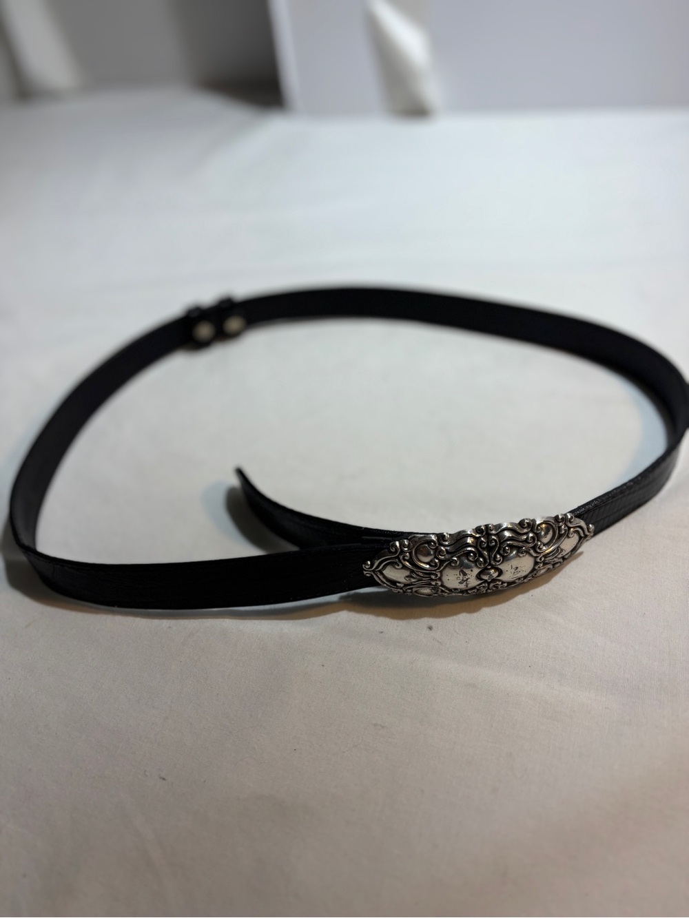 Black Leather Women's Belt with Ornate Silver Buckle adjustable 24-38 inches